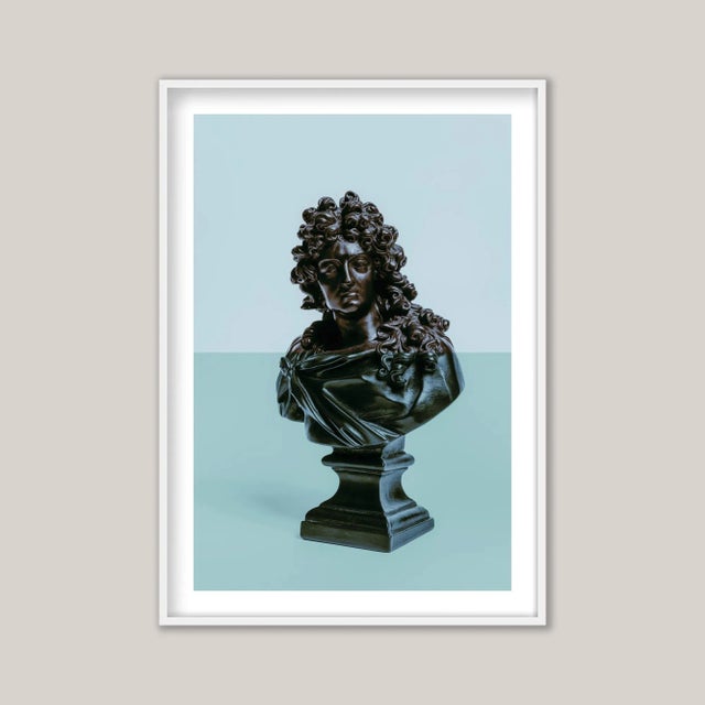 A colour-blocked photograph of a wax bust of King Louis XIV of France. A stark, monotone study of an ornate figure,...