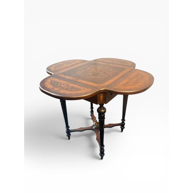 Antique Napoleon III Style Marquetry Clover Form Expandable Occasional Table by Pitkin & Brooks, Chicago For Sale - Image 9 of 17