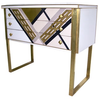 1990s Italian White Black and Gold Chest Sideboard on Brass Legs For Sale