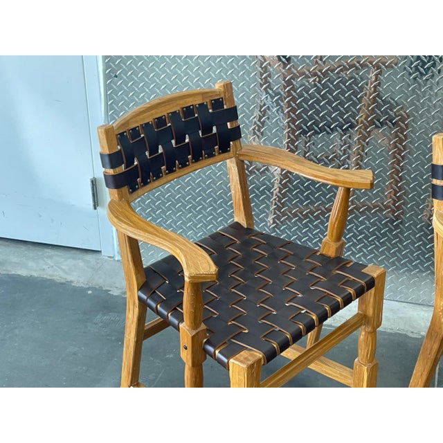 Vintage Mid-Century Ranch Oak Leather Strapped Arm Chairs - A Pair For Sale In Naples, FL - Image 6 of 11