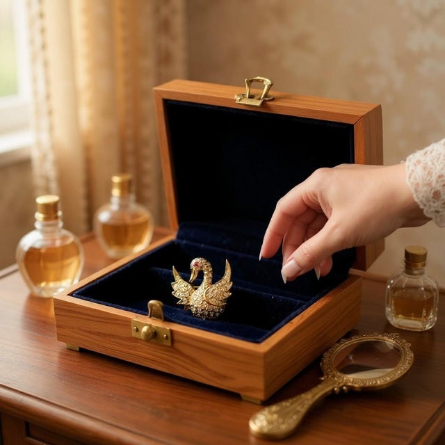 Vintage 14k Yellow Gold Swan Brooch With Diamonds and Rubies For Sale In New York - Image 6 of 12