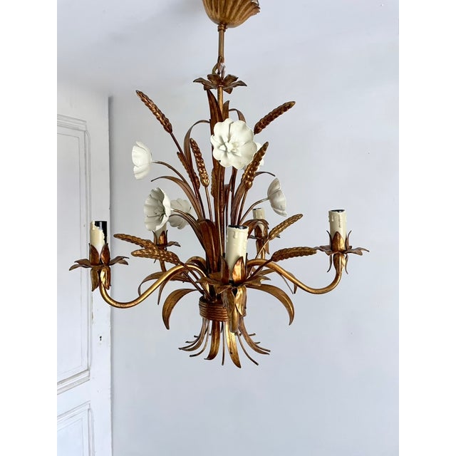 Metal Gilt Tole Floral and Wheat Chandelier, 1960 For Sale - Image 7 of 18