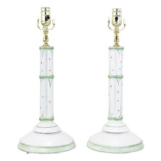 Vintage Hand-Painted White and Green Faux Bamboo Table Lamps - a Pair For Sale