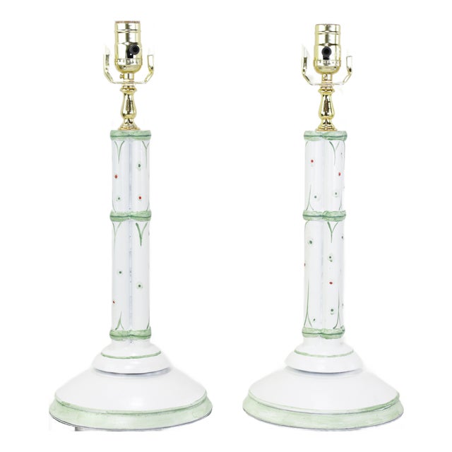 Vintage Hand-Painted White and Green Faux Bamboo Table Lamps - a Pair For Sale