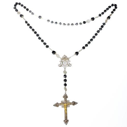 Spanish 19th/20th century, filigree silver rosary with Cross with Christ, and faceted jet beads. Unmarked, under Decree-...