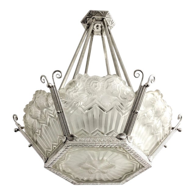 French Art Deco Pendant Chandelier Signed by Noverdy For Sale