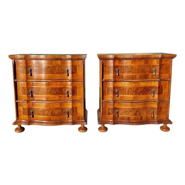 Pair of Burl Walnut Serpentine Chests For Sale