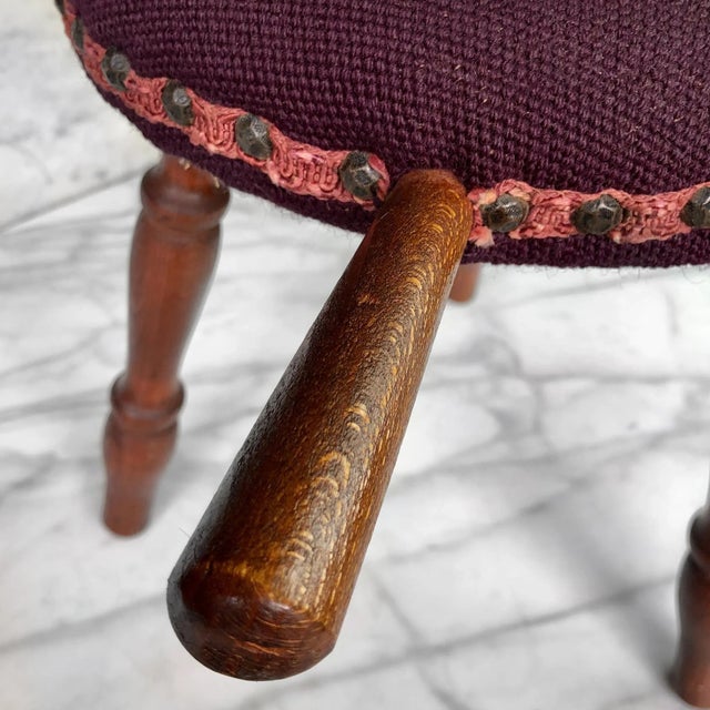 Antique Farmhouse Country Floral Needlepoint Maple Milking Footstool For Sale - Image 9 of 11