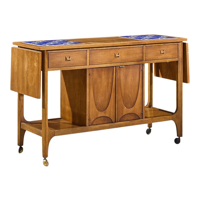 Broyhill Brasilia Mid Century Walnut Bird Tiles Bar Cart For Sale
