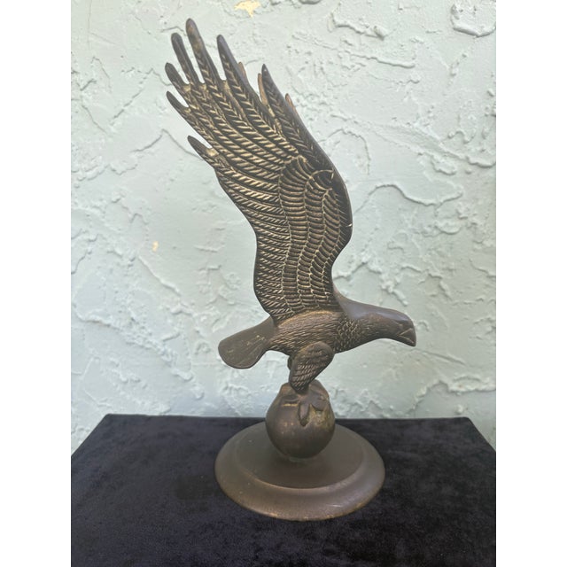 1980s Vintage Taiwanese Cast Metal Eagle Sculptures on Globe Bases – Pair, 1970s For Sale - Image 5 of 10