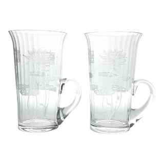 1910s Antique Fostoria Lotus 2 Etched Optic Handle Mug Tumbler Glasses For Sale