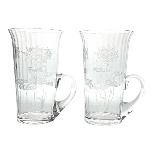 1910s Antique Fostoria Lotus 2 Etched Optic Handle Mug Tumbler Glasses For Sale