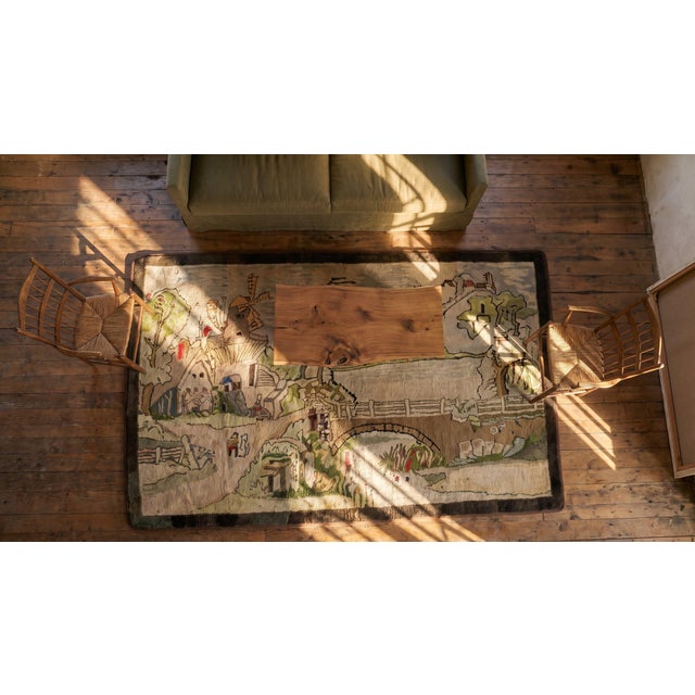 1940s Tan Ecru Dutch Windmill Scenic Pictorial Antique American Hooked Rug 3'2" X 5'6" Wool Carpet For Sale - Image 11 of 12