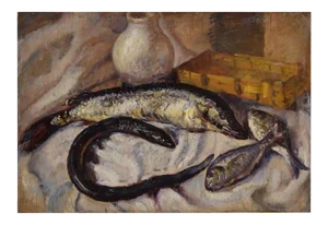 Still Life with Fishes - Original Oil on Wood Panel 1935 ca.
