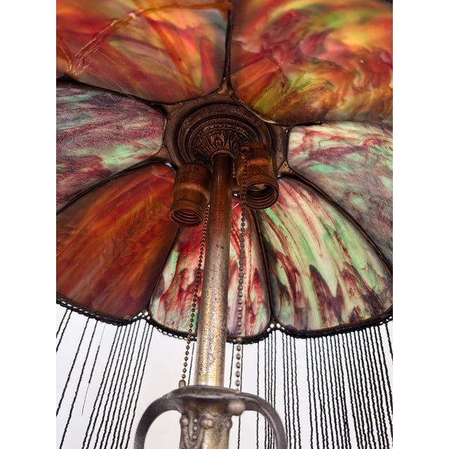 Antique Art Nouveau Slag Glass Table Lamp With Beaded Fringe For Sale - Image 9 of 10