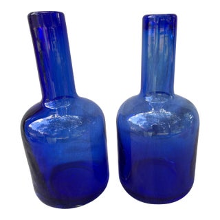 Heavy Vintage Handblown Cobalt Bottles a Pair For Sale