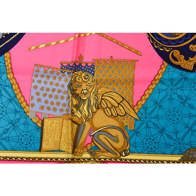 Textile 1970s Vintage Silk Hermes Scarf "Les Bissone De Venice" Hot Pink, Turquoise, Gold, Black, Gray, Purple For Sale - Image 7 of 11