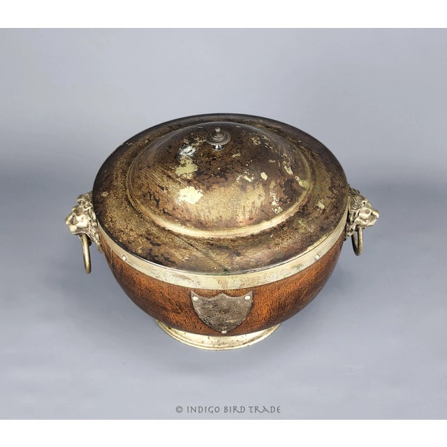 Wood 1870's Antique English Oak & Silver Plated Victorian Pedestal Trophy Salad or Fruit Bowl Dish With Lid and Lion Head Ring Handles For Sale - Image 7 of 12