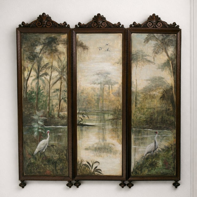 Tropical Landscape with Herons Wall Triptych in Carved Wood and Canvas, 1890s For Sale - Image 5 of 5