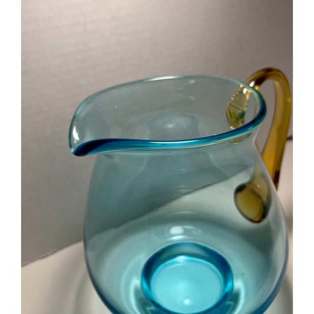 Mid-Century Modern Vintage Mid-Century Modern Scandinavian Blue & Amber Hand Blown Glass Pitcher 8" For Sale - Image 3 of 8