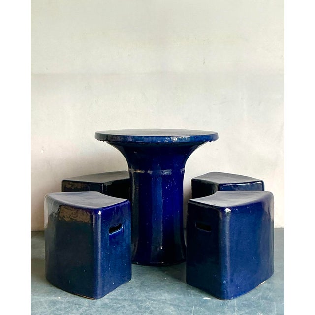 Mid 20th Century Vintage Italian Glazed Ceramic Table and Stools - Set of 5 For Sale - Image 5 of 10