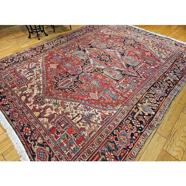 Persian 19th Century Persian Heriz Serapi Rug, Hand-Knotted Wool, Geometric Pattern, Red & Green Vegetable Dyes, 9x12 For Sale - Image 3 of 13