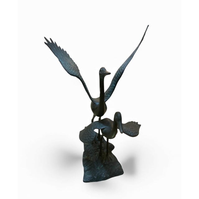 Mid-Century Modern Mid-Century Modern Verdigris Bronze Crane & Heron Sculpture on Faux Stone Base For Sale - Image 3 of 10