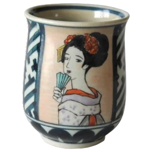 1940s Japanese Agano Ware Tea Cup Bowl With Bijinga Lady