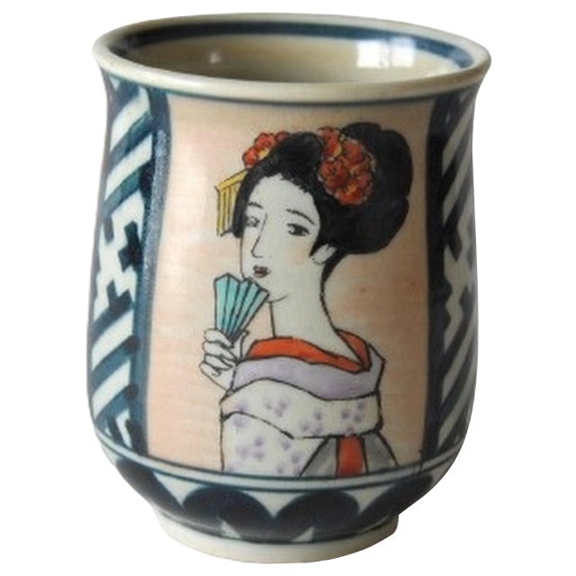 Japanese Agano Ware Tea Cup Bowl With Bijinga Lady 1940s For Sale