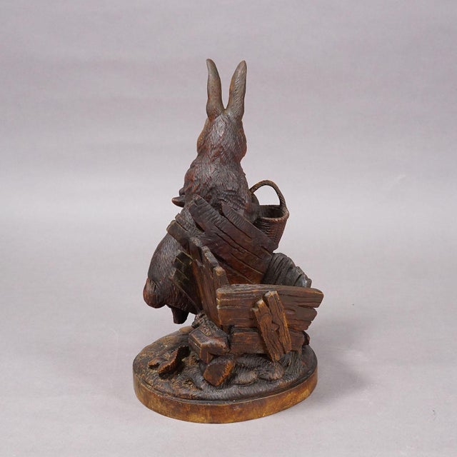 Rustic European Antique Black Forest Carved Rabbit Figure With Basket, Circa 1900 For Sale - Image 3 of 9