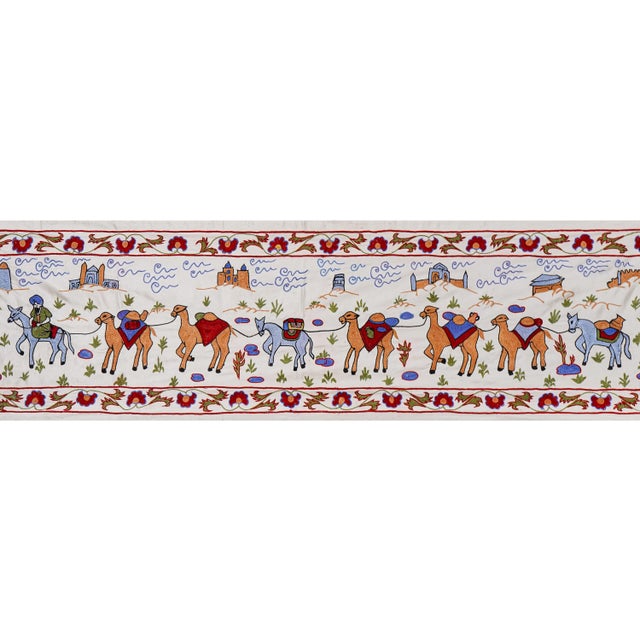 1960s Uzbek Suzani Animal Tablecloth, Bukhara Wall Hanging Decor - Camel Cotton Runner 1'8'' X 6'1'' For Sale - Image 5 of 13