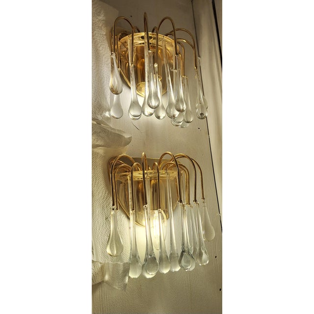 Metal Vintage Wall Lamps with Gold-Plated Brass Brackets and Crystal Glass Drop Pendants, 1970s, Set of 2 For Sale - Image 7 of 9