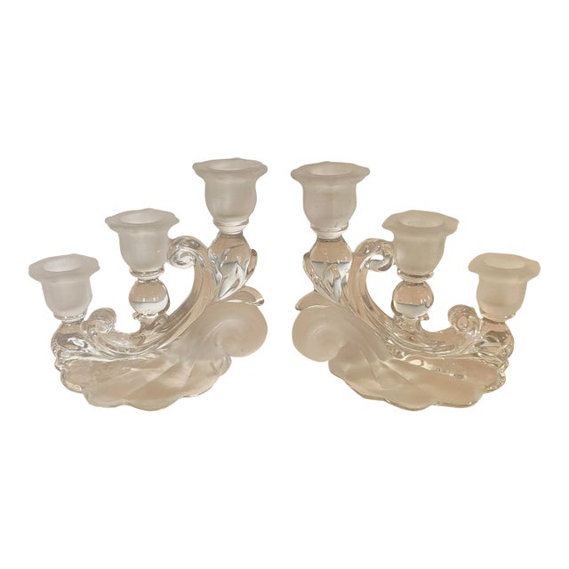 Vintage Cambridge Glass Co. Frosted & Clear Art Deco Candelabra, a Pair For Sale