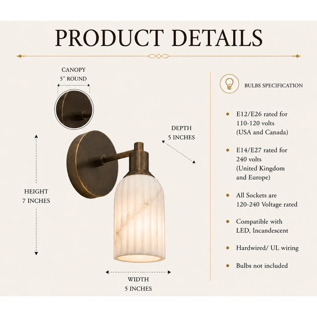 Brass Wall Sconce With Ribbed Natural Alabaster Shade, Modern Bathroom Vanity Lamp, Handcrafted Luxury Wall Lighting For Sale - Image 9 of 10