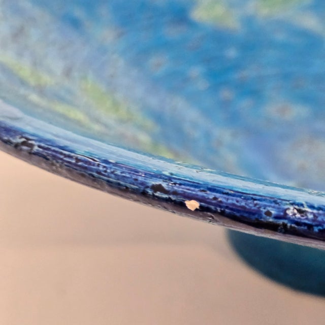 Mid-Century Modern Bitossi Ceramic Pedestal Bowl Blue Rimini Blu 12in Mid Century Italy Pottery MCM For Sale - Image 3 of 11