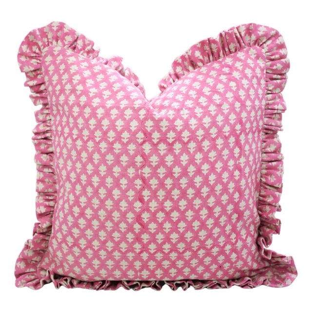 Handmade Block Print Frill Pillow Cover Pinkcity Bhoomian Both Side Printed Cushion- 22x22 Inch For Sale