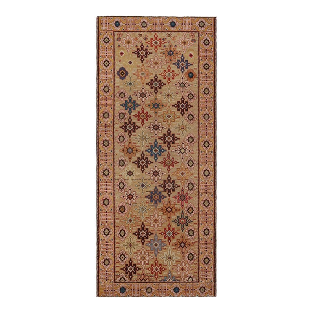 Antique Kuba Geometric Beige and Golden-Yellow Wool Runner For Sale
