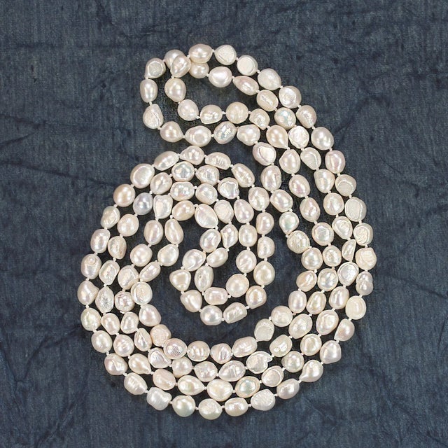 White Ajd, 64 in White Culture Fresh Water Pearl Infinity (Claspless) Necklace For Sale - Image 8 of 11