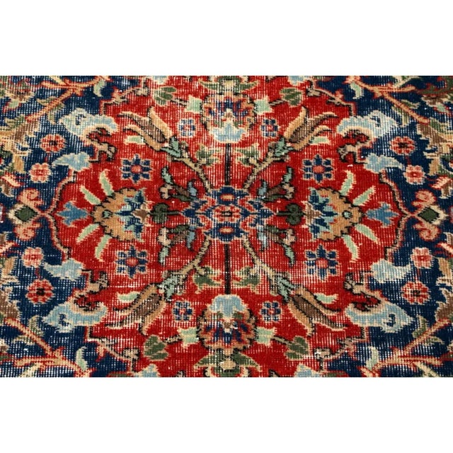 French Country Antique Distressed Persian Tabriz-Style Navy & Red Floral Rug For Sale - Image 3 of 7