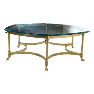 Brass & Glass Coffee Table | Hollywood Regency Style, Hoof Foot Base For Sale