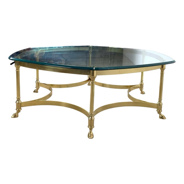 Brass & Glass Coffee Table | Hollywood Regency Style, Hoof Foot Base For Sale