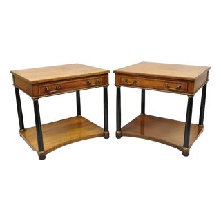 Late 20th Century French Empire Cherry Wood Black Column 1 Drawer Lamp End Table by Heritage, Pair For Sale