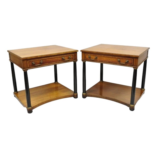 Late 20th Century French Empire Cherry Wood Black Column 1 Drawer Lamp End Table by Heritage, Pair For Sale