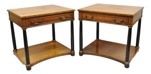 Late 20th Century French Empire Cherry Wood Black Column 1 Drawer Lamp End Table by Heritage, Pair