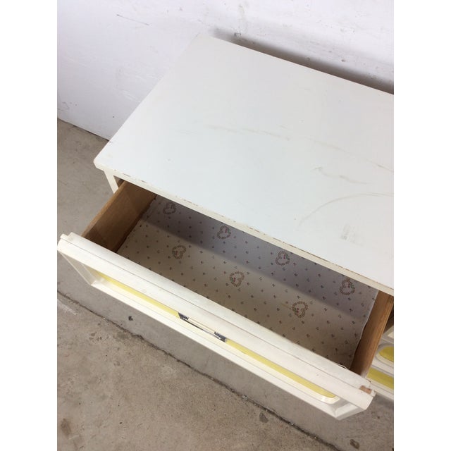 Mid Century Space Age Style Lowboy Dresser With Mounted Mirror & Yellow Drawer Faces For Sale - Image 9 of 18