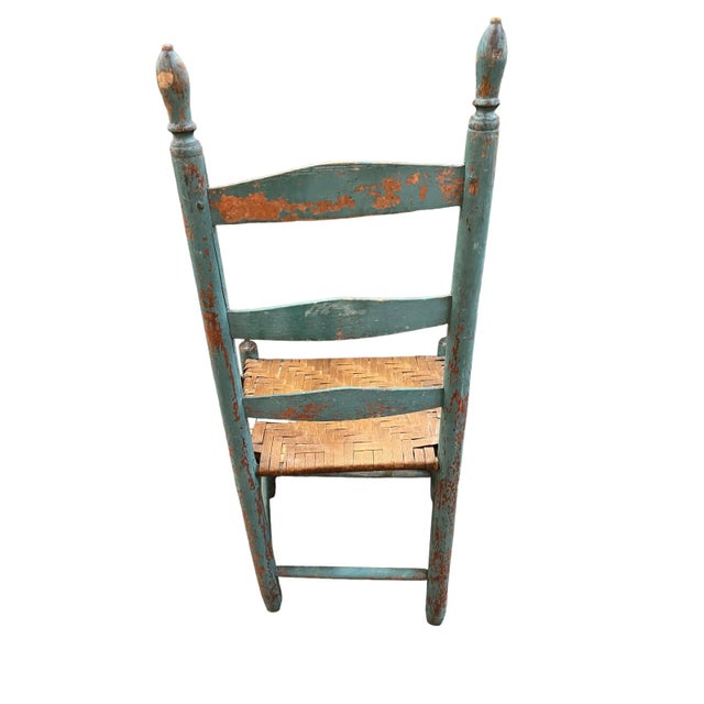 Pair of 19th Century Primitive Turquoise Ladder Back Chairs With Flat Reed Woven Seats For Sale - Image 4 of 7