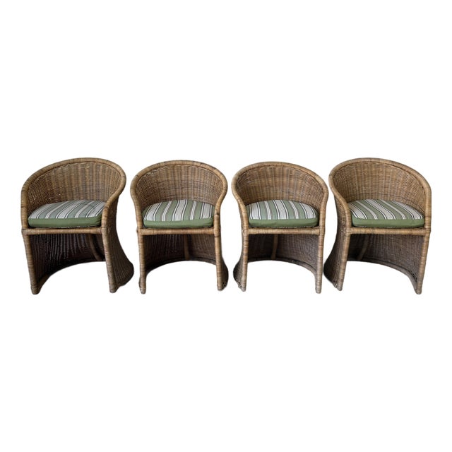 1970’s Vintage Coastal Organic Woven Wicker Barrel Back Dining Chairs – Set of 4 For Sale
