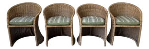 1970’s Vintage Coastal Organic Woven Wicker Barrel Back Dining Chairs – Set of 4