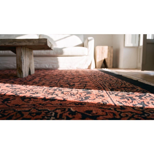Textile Beautiful Coral Red Background and Black Border Color With Chinoiserie Pattern Antique Chinese Art Deco Rug For Sale - Image 7 of 8
