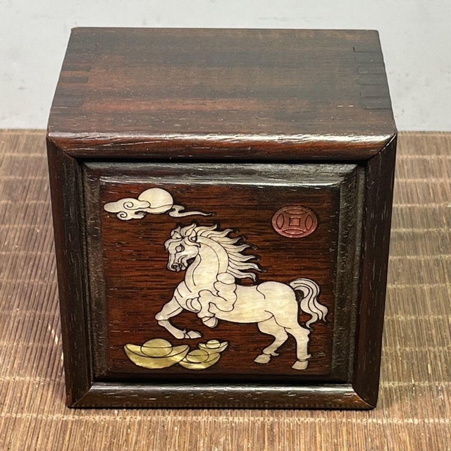 Asian Rosewood Shell-Inlaid Galloping Horse Keepsake Box For Sale - Image 3 of 10